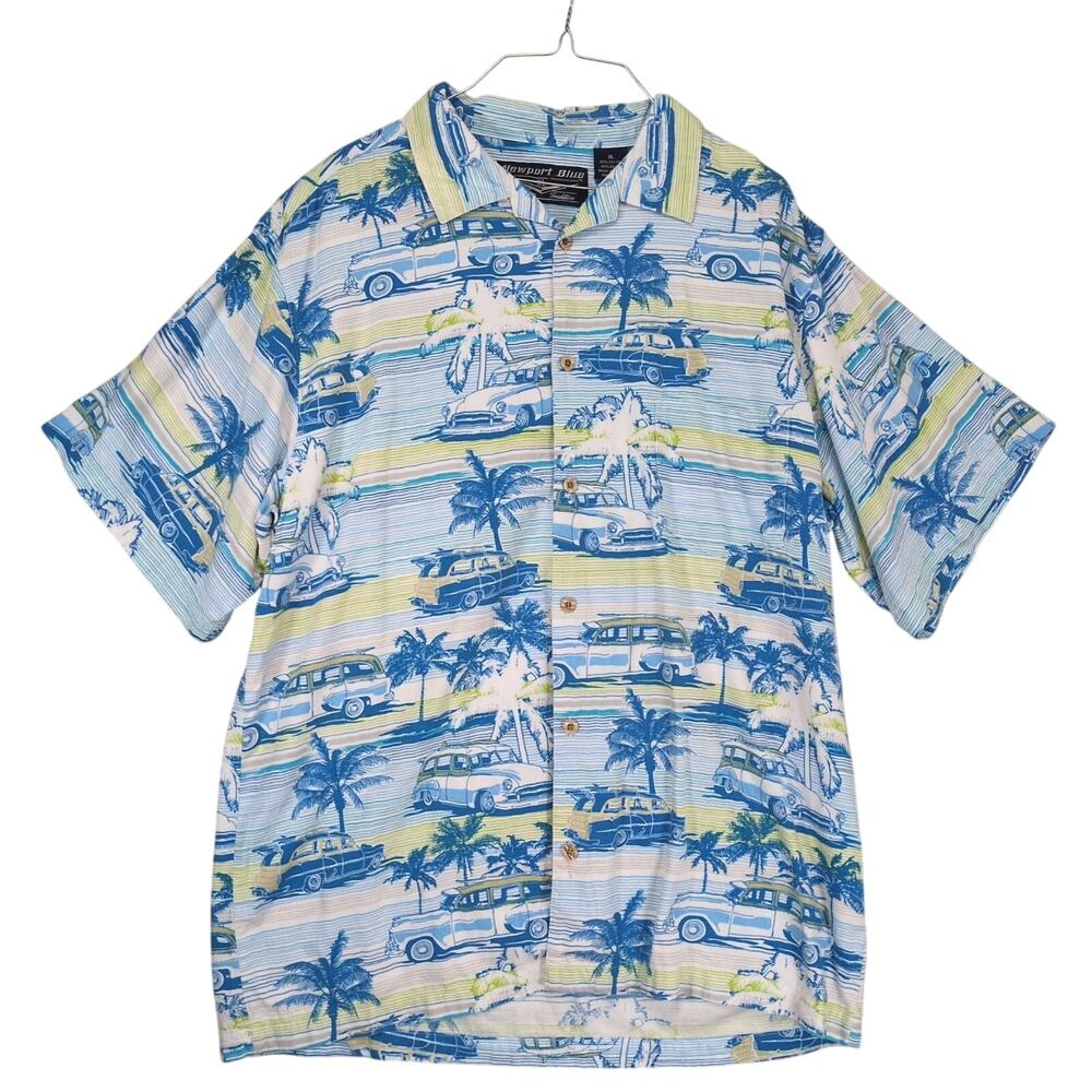 Newport Blue Men's XL Hawaiian‎ Button Up Shirt, Chevrolet Woodie Wagon Tropical